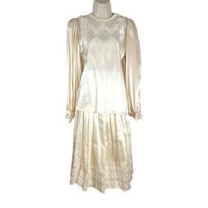 VINTAGE NEIMAN MARCUS Embroidered Cream Silk 2 piece‎ wedding Set Womans 2/4